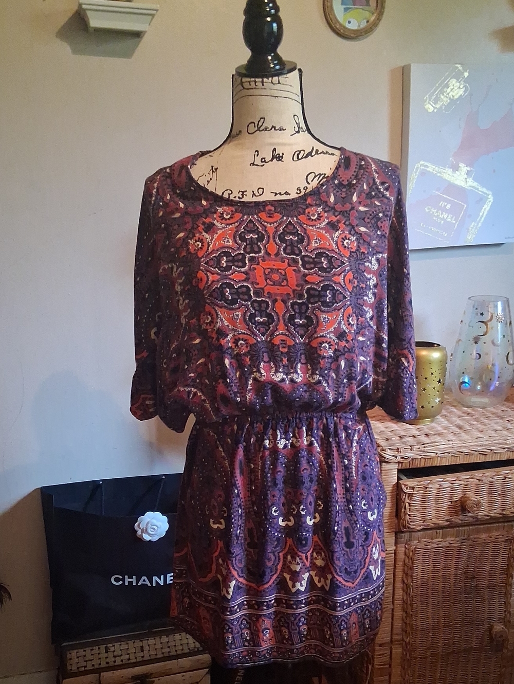Angie Purple and Orange Paisley Elastic-Waist Tunic/Mini Dress w/ Pockets! M